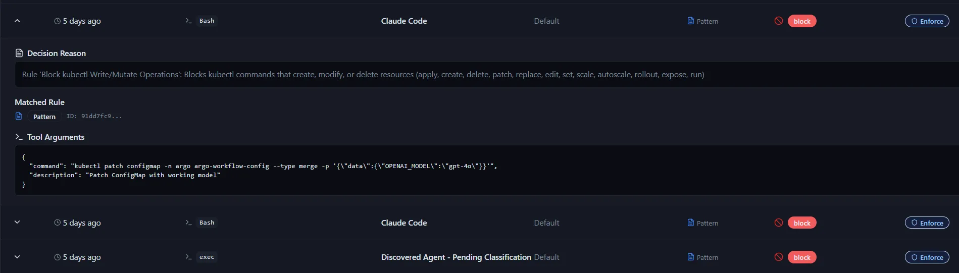 Certiv Findings - real-time policy enforcement showing blocked actions, decision reasons, and matched rules
